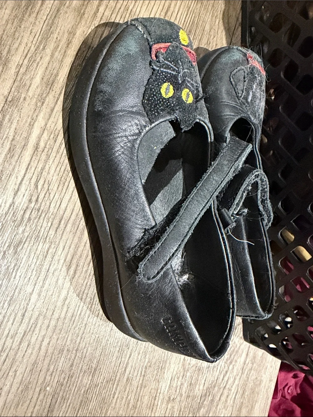Camper Kids Black Mary Jane Shoes with Cat Embroidery